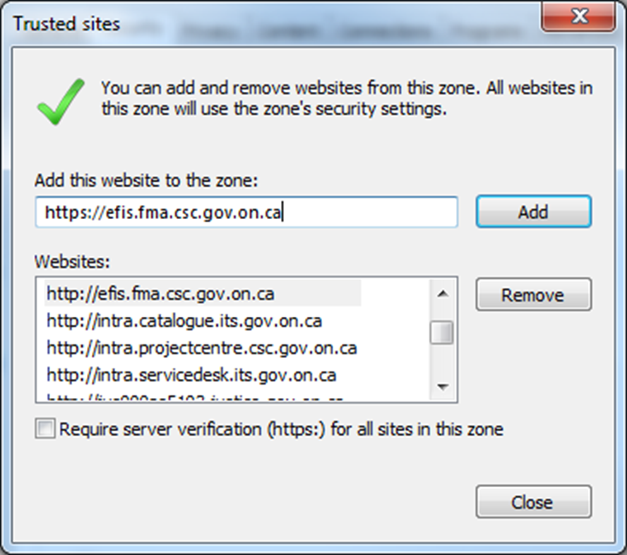 Adding EFIS URL to trusted website zone